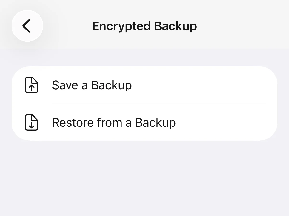Settings: Encrypted Backup, with Save a Backup and Restore from a Backup
